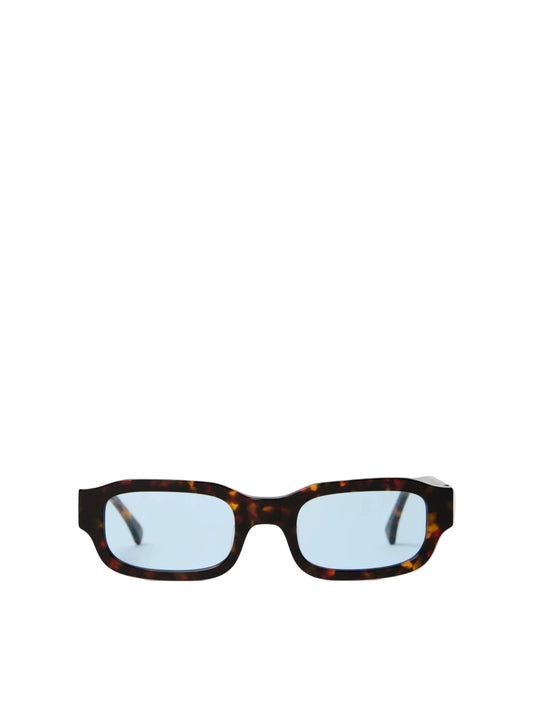 Sunglasses with tortoiseshell frame and blue lenses on a white background