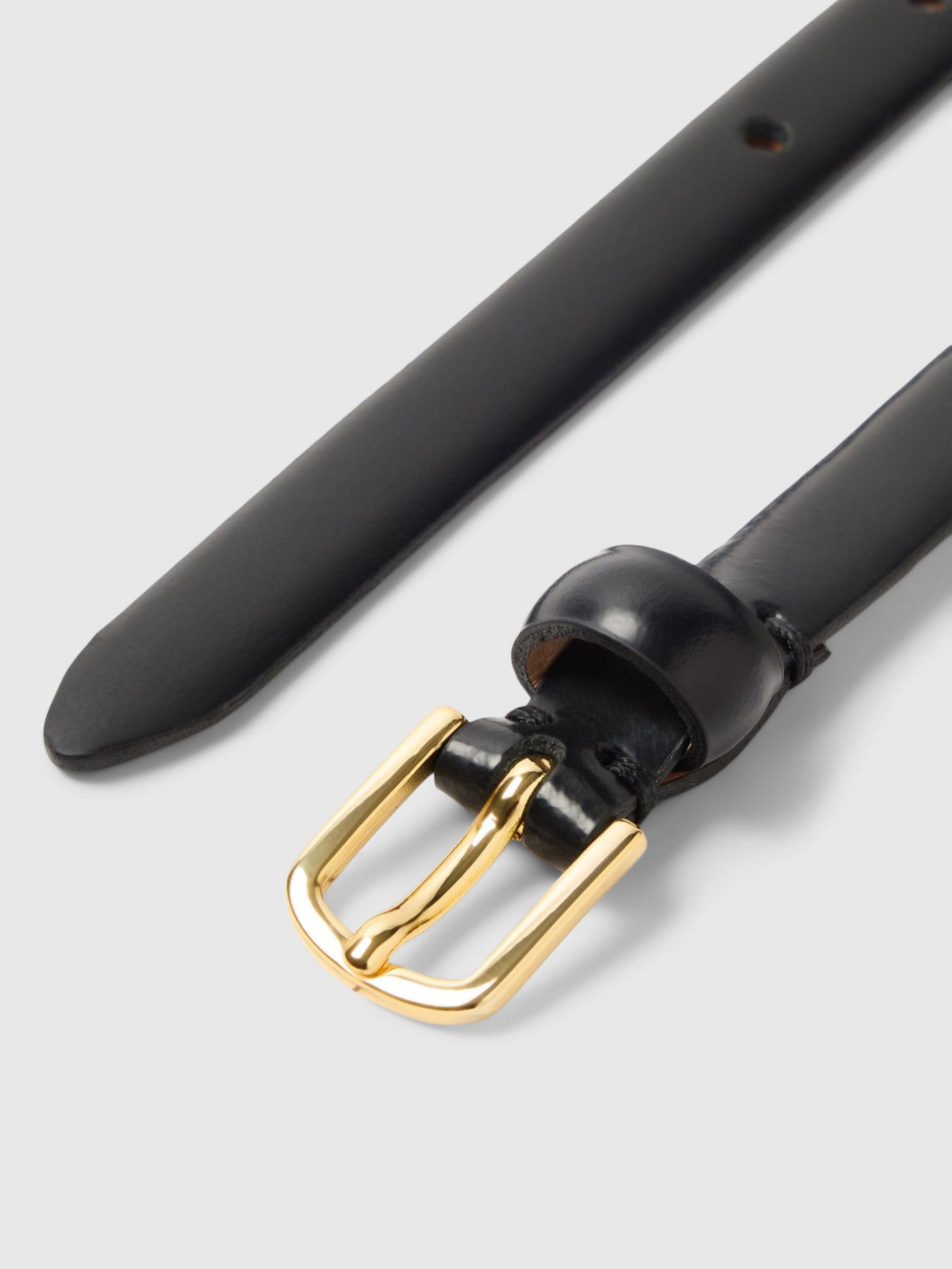 Black belt with a gold buckle on a light gray background