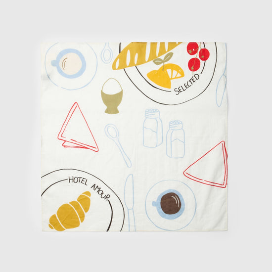 colorful food-themed scarf on a white background