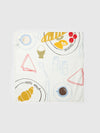 colorful food-themed scarf on a white background