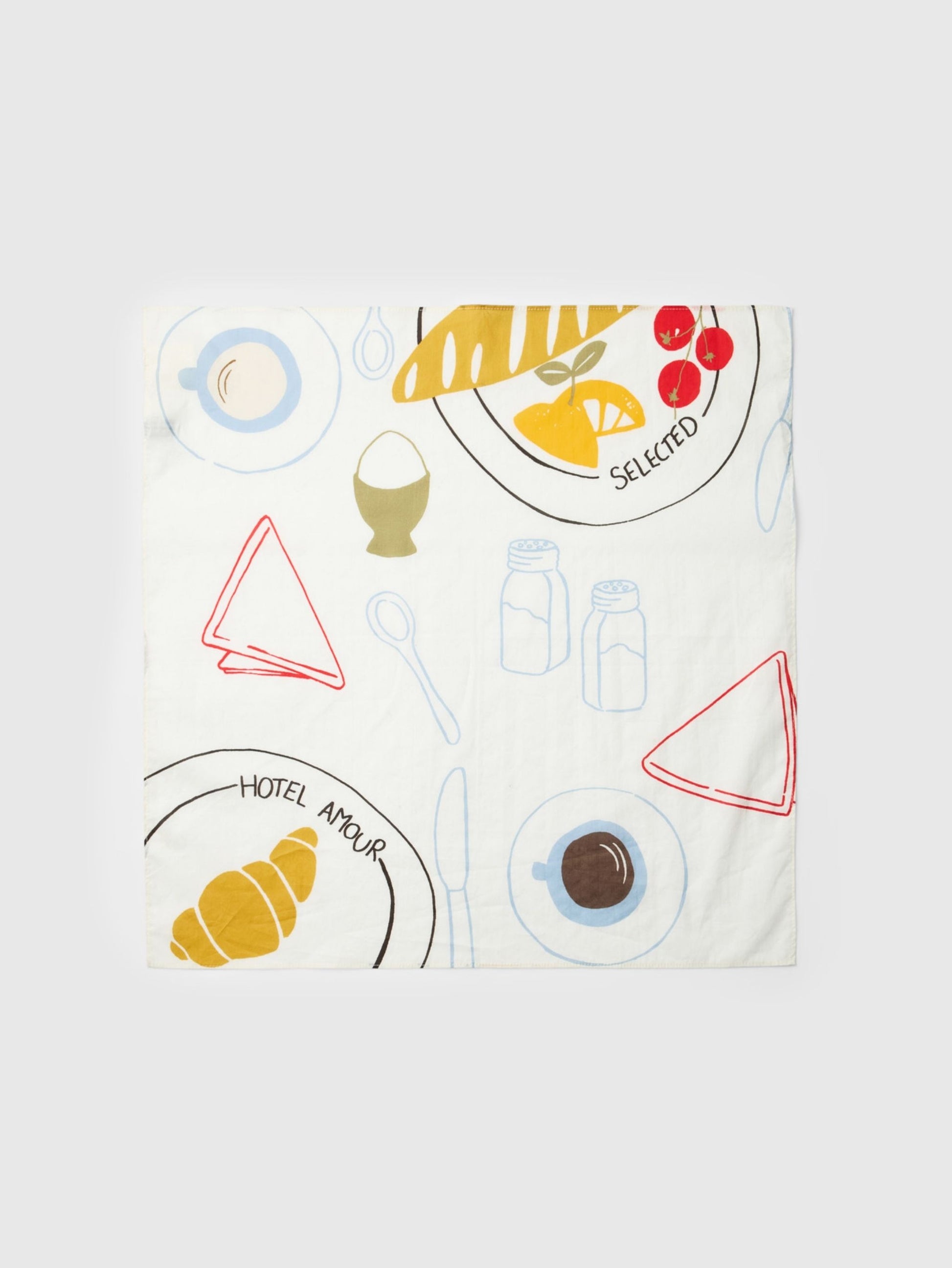 colorful food-themed scarf on a white background