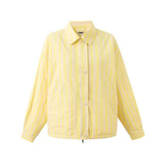 Butter yellow striped jacket with a relaxed fit, button and hidden zip front.