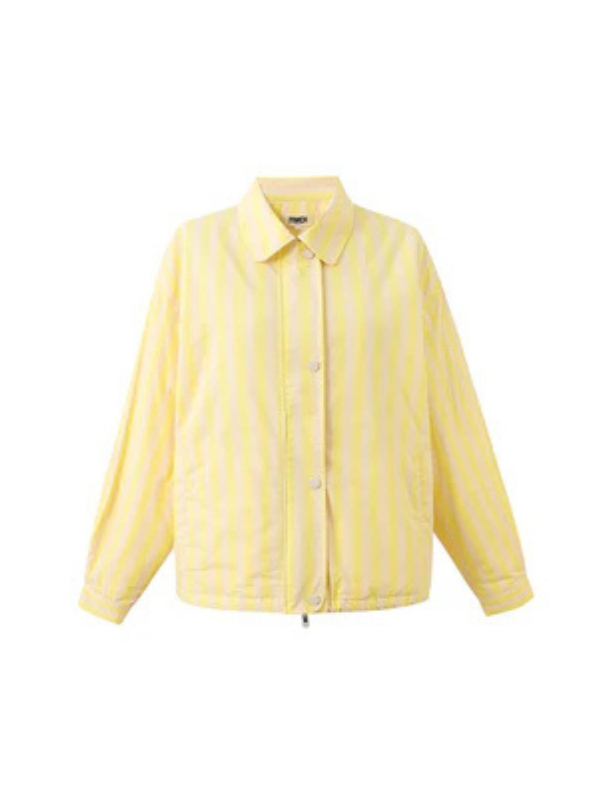 Butter yellow striped jacket with a relaxed fit, button and hidden zip front.