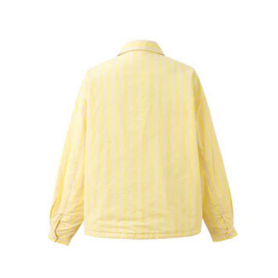 Butter yellow striped jacket with a relaxed fit, button and hidden zip front.
