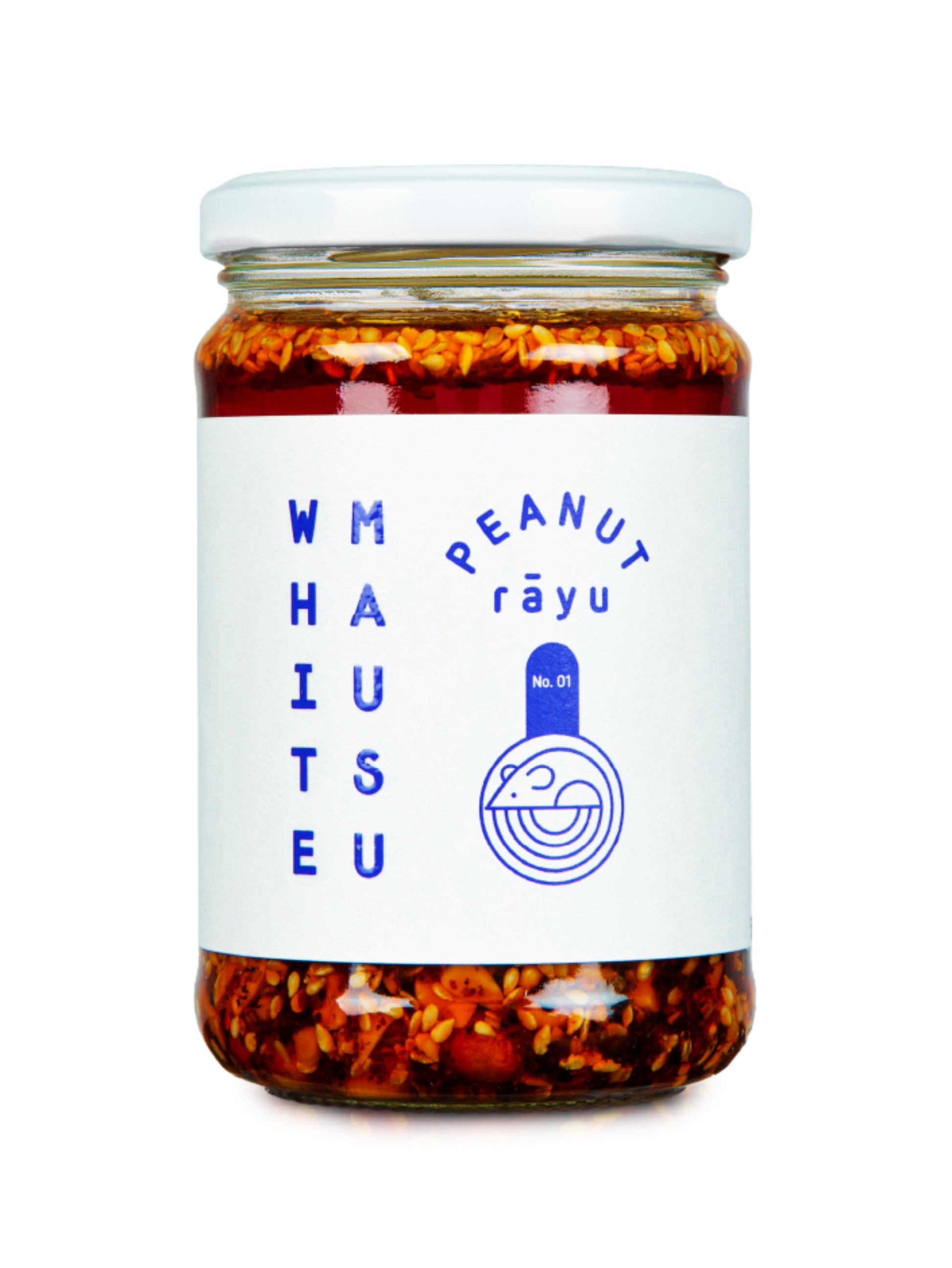 A glass jar of White Mausu Peanut Răyu chili oil with visible red chili peppers and seeds suspended in the reddish-brown oil, sealed with a white lid and featuring a white label with blue text and logo.